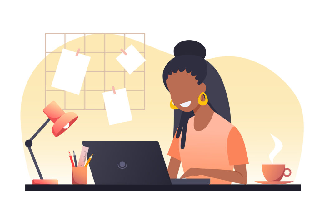 a-young-african-woman-with-dark-hair-works-on-a-laptop-work-from-home-freelance-stay-at-home-vector-flat-illustration