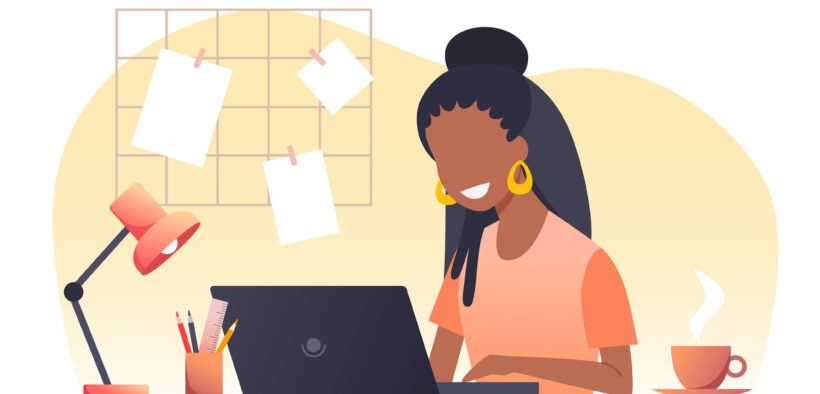 a-young-african-woman-with-dark-hair-works-on-a-laptop-work-from-home-freelance-stay-at-home-vector-flat-illustration